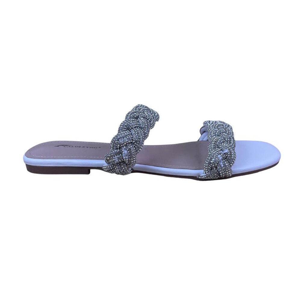 CaloLeyng Women’s White Rhinestone Braided Strap Slide Sandals Size US 11